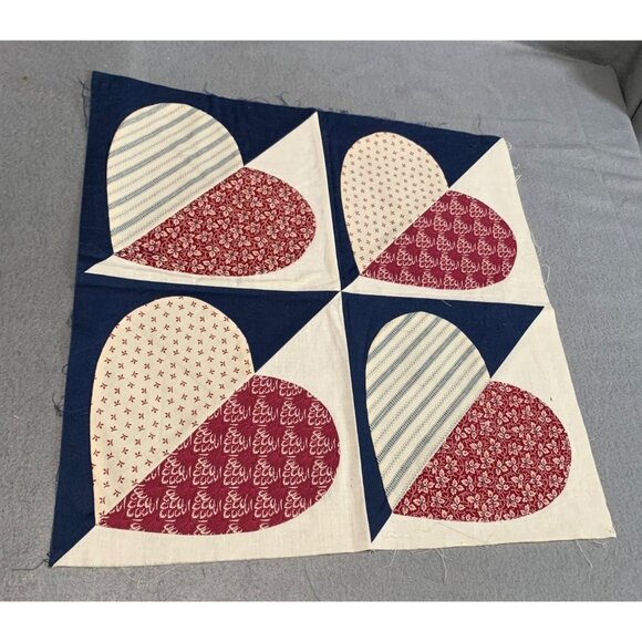 Vintage Handmade Quilt Top Block with Heart Pattern Red White & Blue 16.25” x 16 - Picture 5 of 6